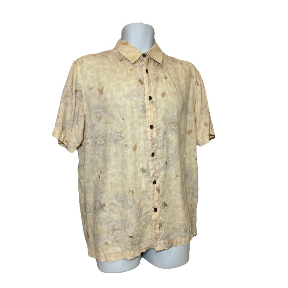 Claiborne Luxe Linen Men’s Shirt Sz LARGE Hawaiian Beige Beach Cruise Summer